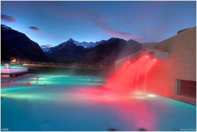 Pool lighting design example with LED RGB illuminated water feature